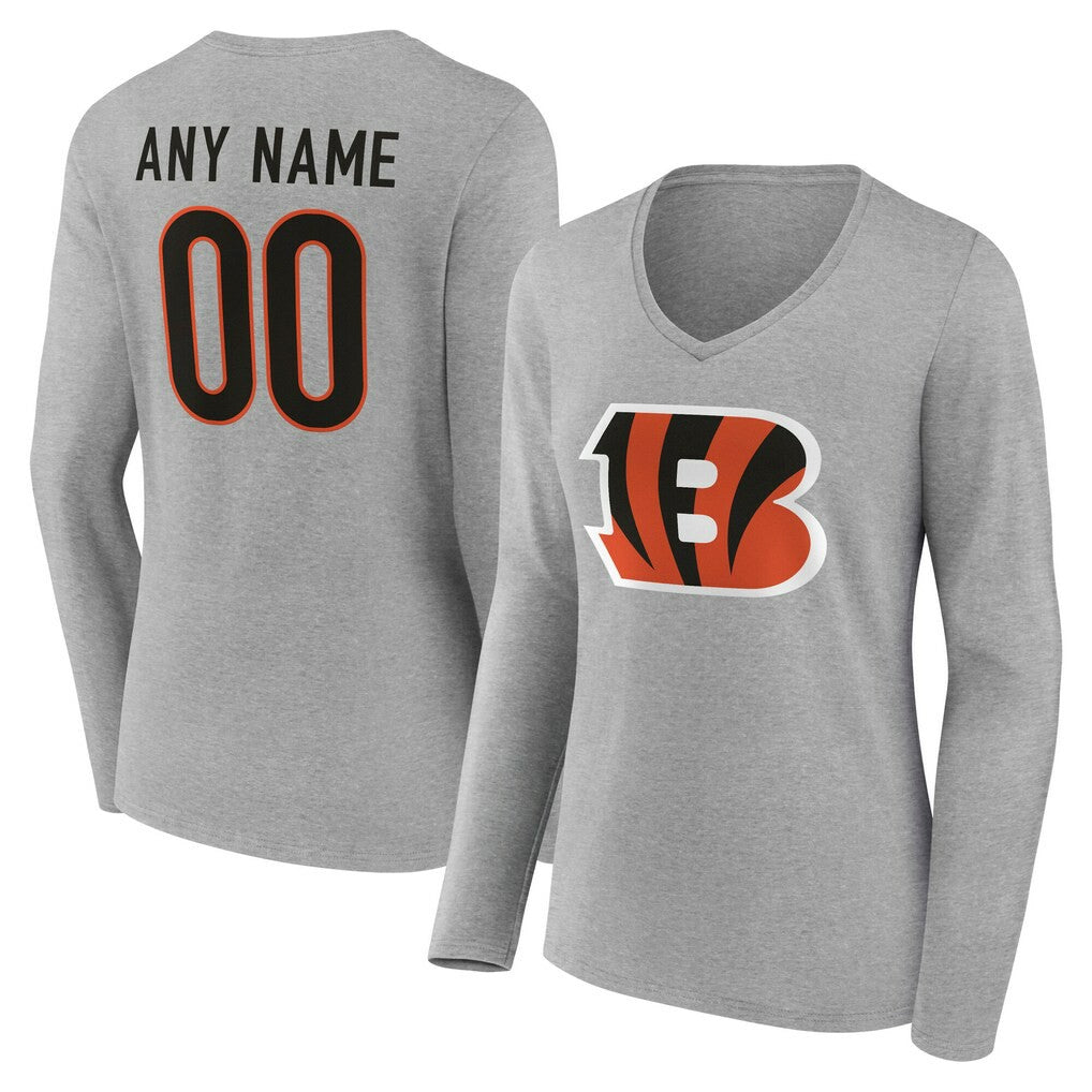Cincinnati Bengals Women's Team Authentic Personalized Name & Number Long Sleeve V-Neck T-Shirt - Gray - NFL