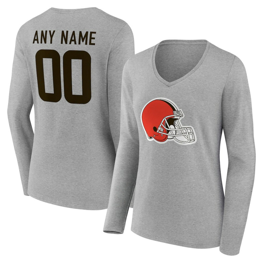 Cleveland Browns Women's Team Authentic Personalized Name & Number Long Sleeve V-Neck T-Shirt - Gray - NFL