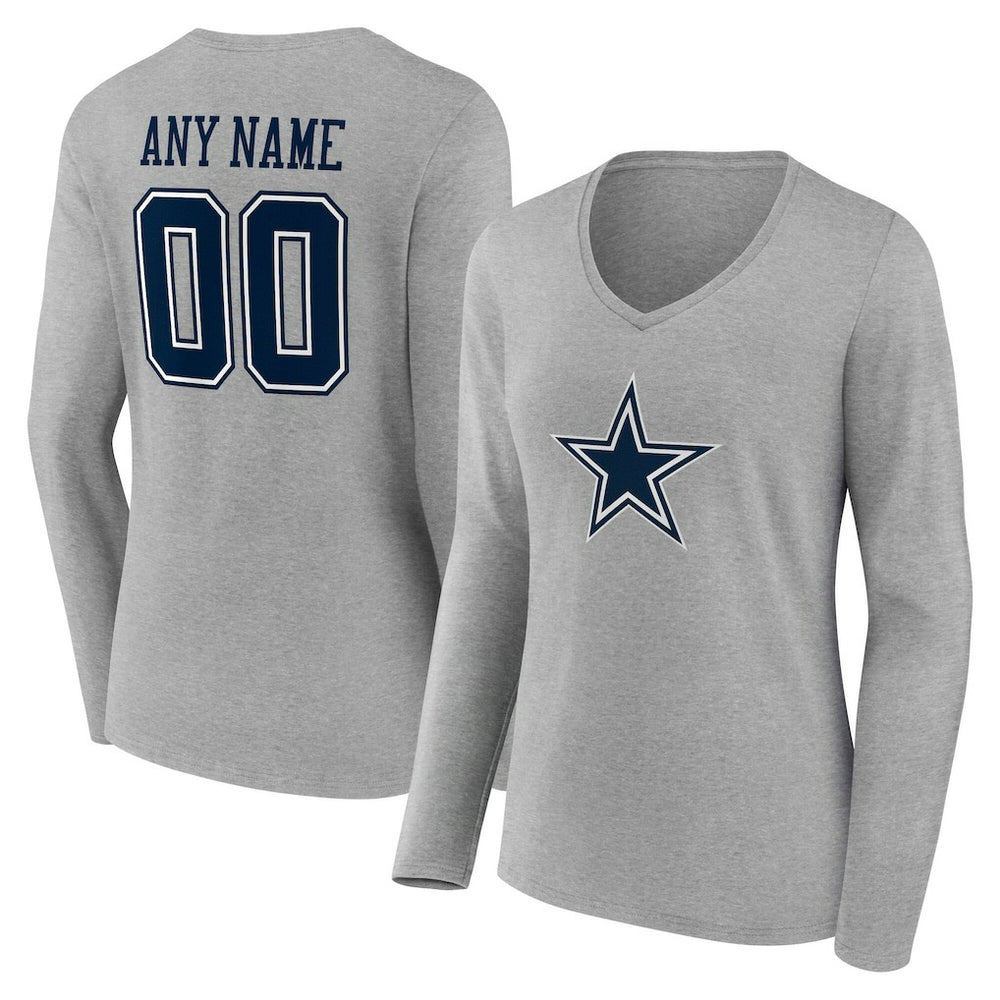 Dallas Cowboys Women's Team Authentic Personalized Name & Number Long Sleeve V-Neck T-Shirt - Gray - NFL