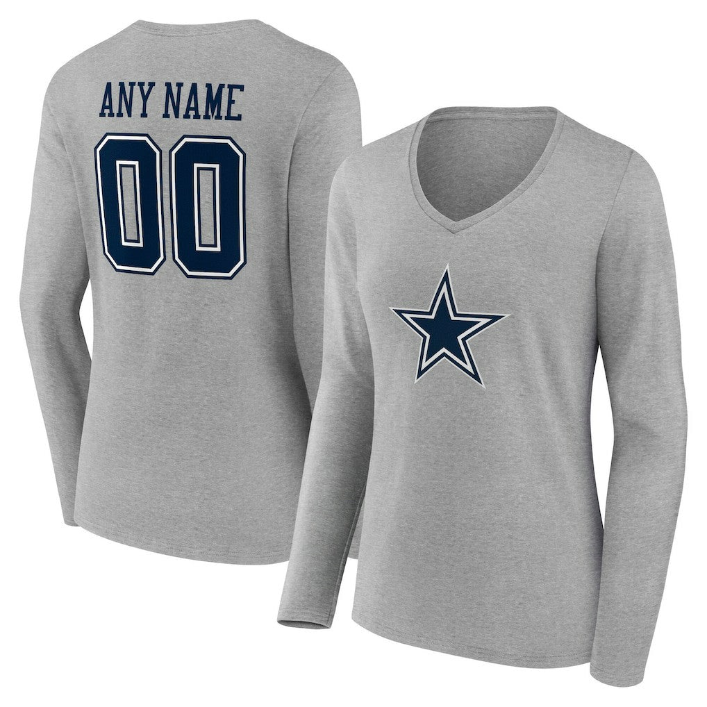 Dallas Cowboys Women's Team Authentic Personalized Name & Number Long Sleeve V-Neck T-Shirt - Gray - NFL