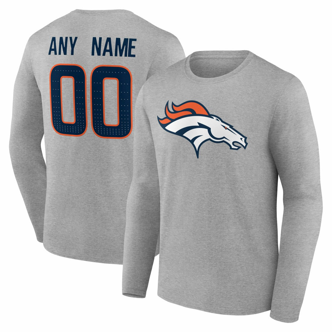 Denver Broncos Team Authentic Personalized Name & Number Long Sleeve T-Shirt - Gray - NFL