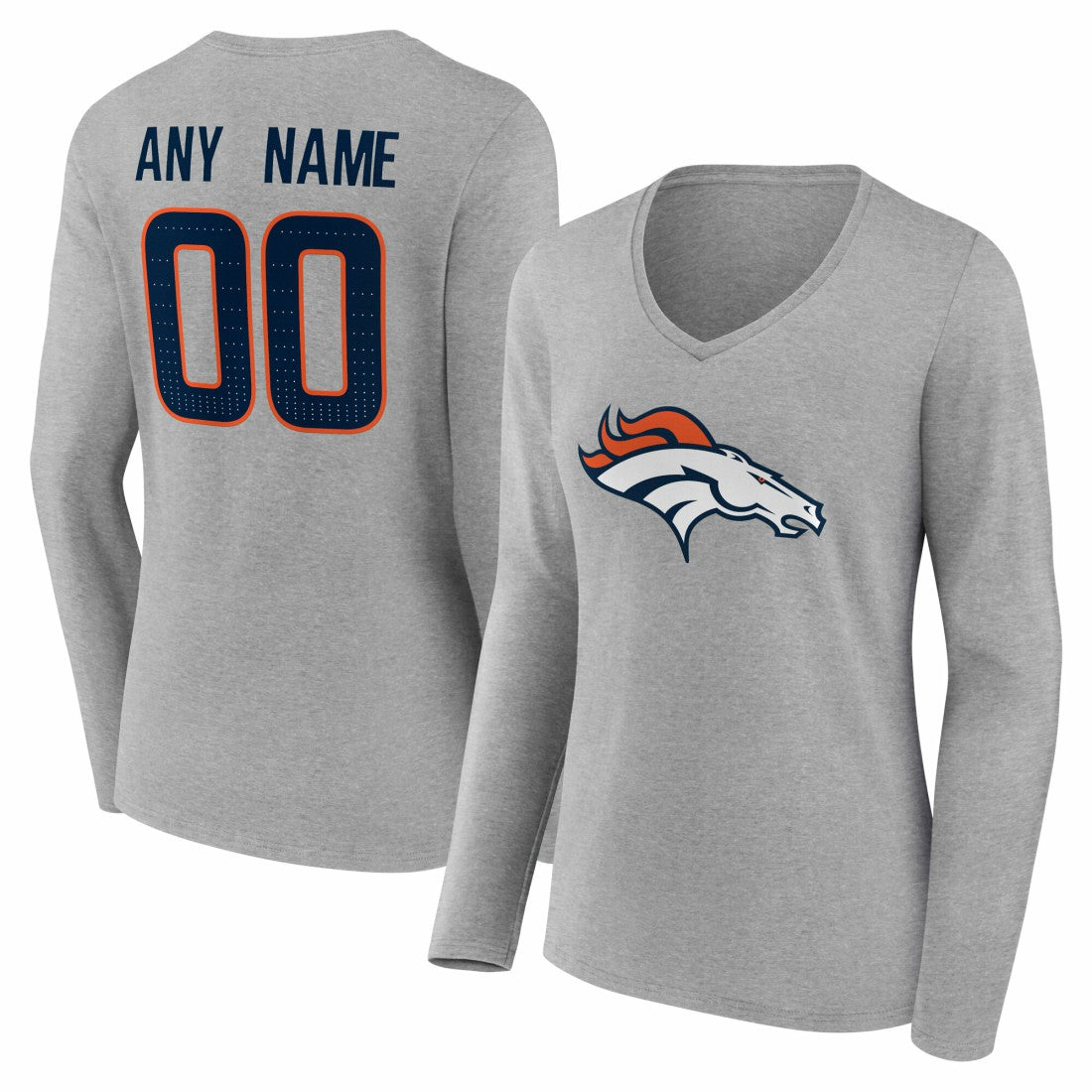 Denver Broncos Women's Team Authentic Personalized Name & Number Long Sleeve V-Neck T-Shirt - Gray - NFL