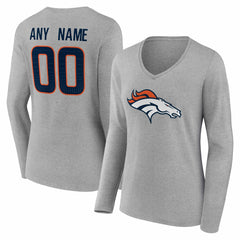Denver Broncos Women's Team Authentic Personalized Name & Number Long Sleeve V-Neck T-Shirt - Gray - NFL
