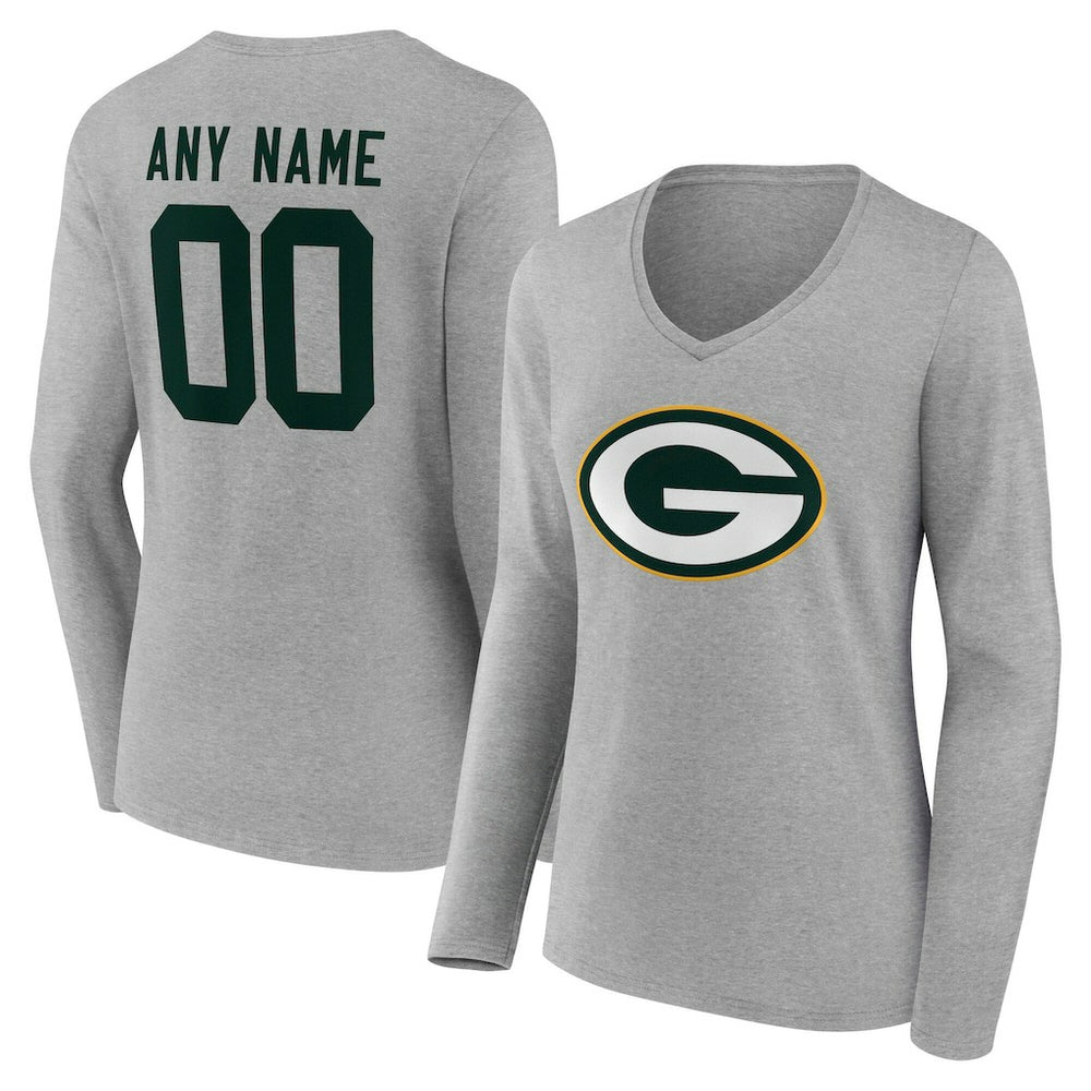 Green Bay Packers Women's Team Authentic Personalized Name & Number Long Sleeve V-Neck T-Shirt - Gray - NFL