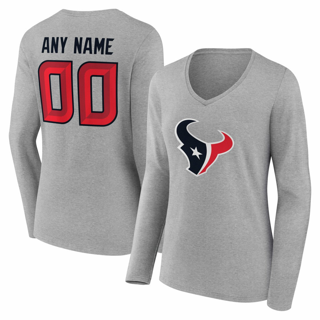 Houston Texans Women's Team Authentic Personalized Name & Number Long Sleeve V-Neck T-Shirt - Gray - NFL