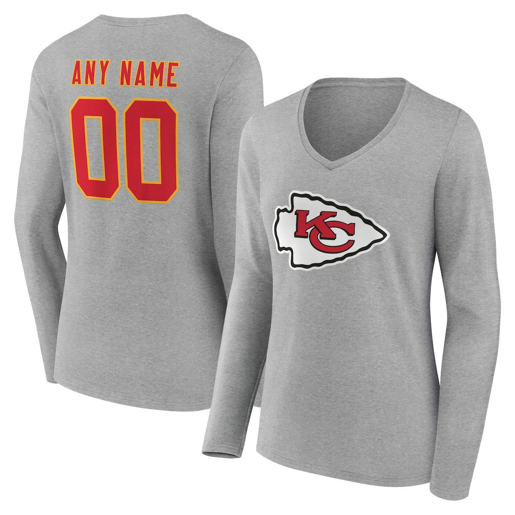 Kansas City Chiefs Women's Team Authentic Personalized Name & Number Long Sleeve V-Neck T-Shirt - Gray - NFL