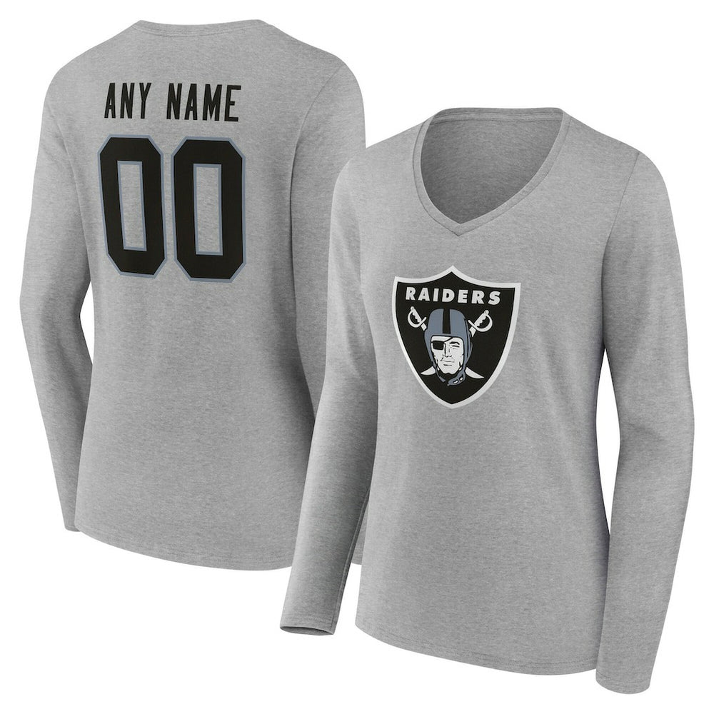 Las Vegas Raiders Women's Team Authentic Personalized Name & Number Long Sleeve V-Neck T-Shirt - Gray - NFL