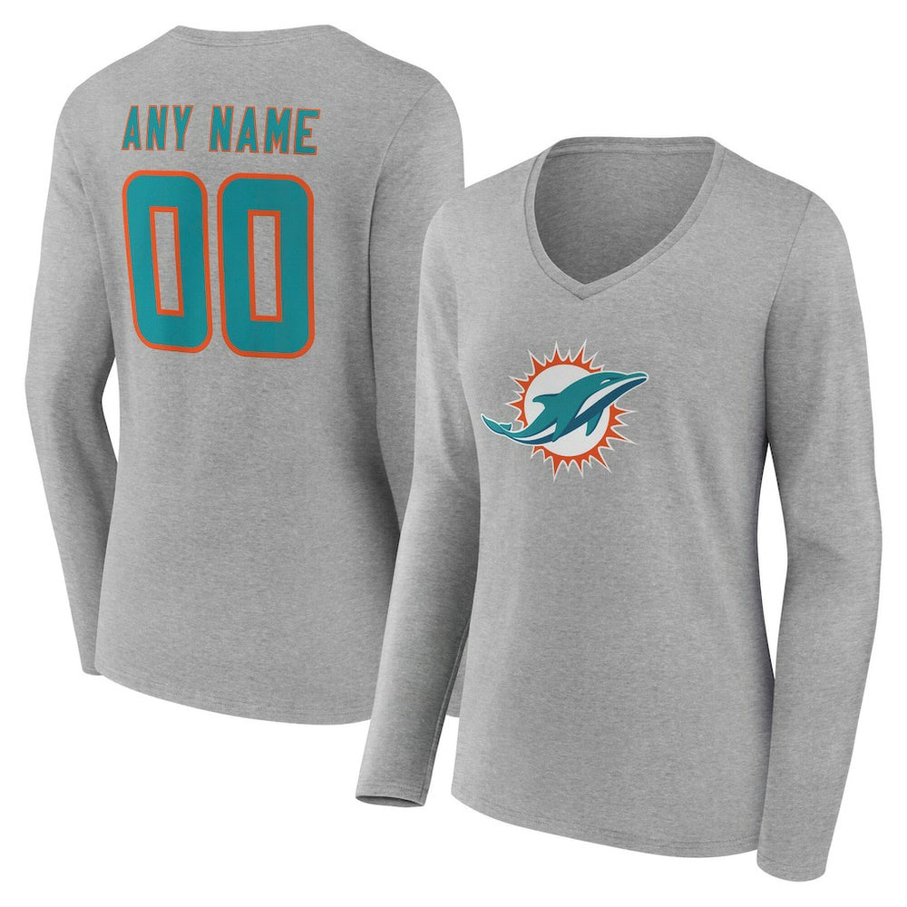 Miami Dolphins Women's Team Authentic Personalized Name & Number Long Sleeve V-Neck T-Shirt - Gray - NFL