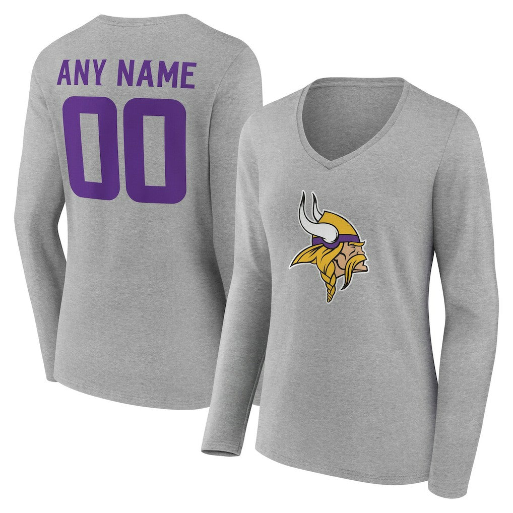 Minnesota Vikings Women's Team Authentic Personalized Name & Number Long Sleeve V-Neck T-Shirt - Gray - NFL