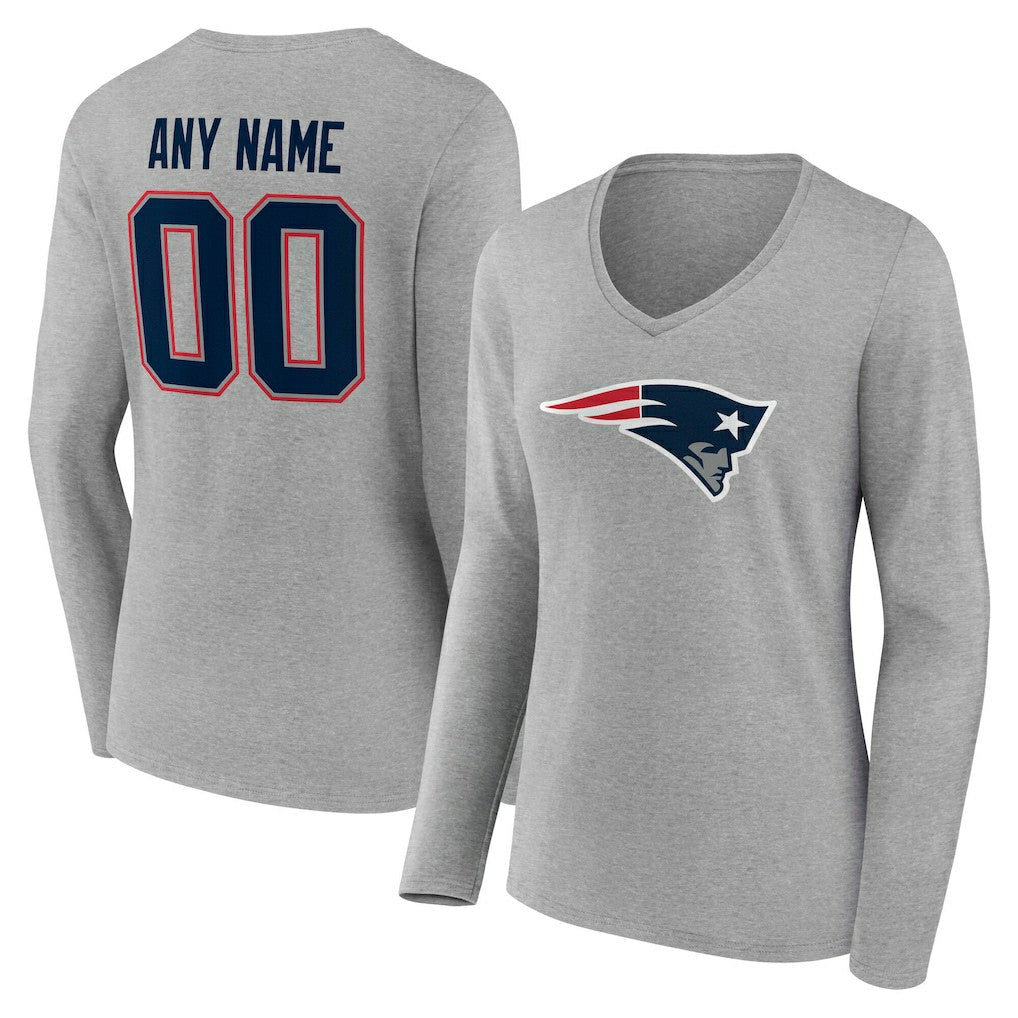 New England Patriots Women's Team Authentic Personalized Name & Number Long Sleeve V-Neck T-Shirt - Gray - NFL
