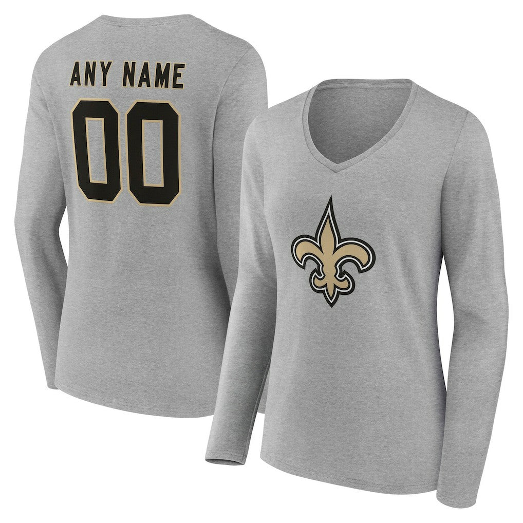 New Orleans Saints Women's Team Authentic Personalized Name & Number Long Sleeve V-Neck T-Shirt - Gray - NFL