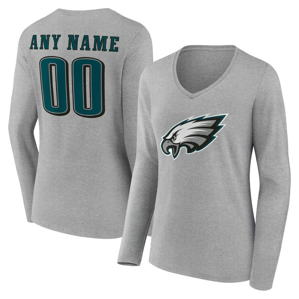 Philadelphia Eagles Women's Team Authentic Personalized Name & Number Long Sleeve V-Neck T-Shirt - Gray - NFL