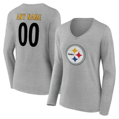 Pittsburgh Steelers Women's Team Authentic Personalized Name & Number Long Sleeve V-Neck T-Shirt - Gray - NFL