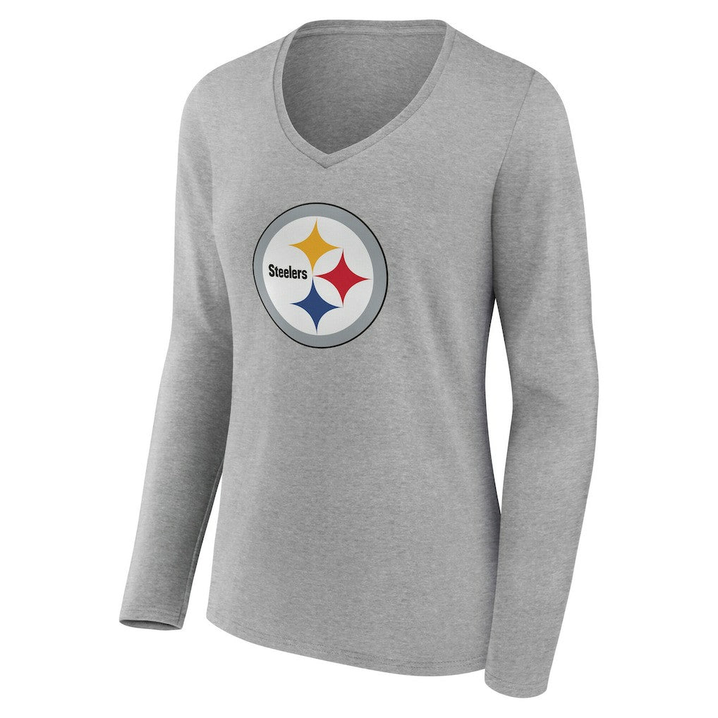 Pittsburgh Steelers Women's Team Authentic Personalized Name & Number Long Sleeve V-Neck T-Shirt - Gray - NFL