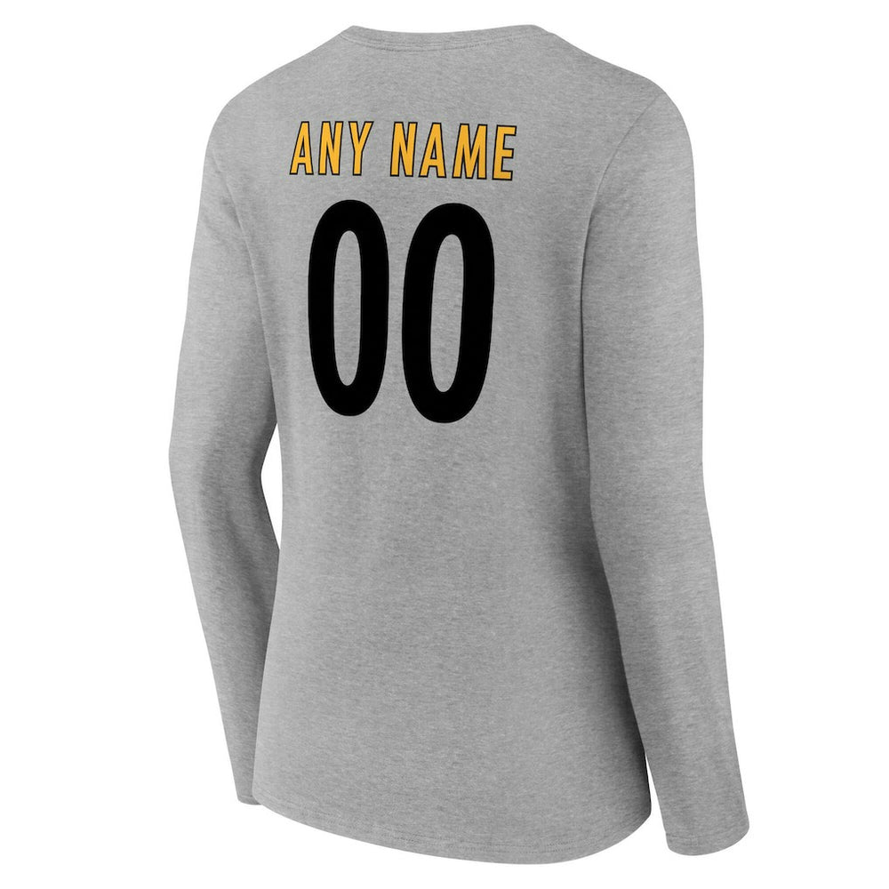 Pittsburgh Steelers Women's Team Authentic Personalized Name & Number Long Sleeve V-Neck T-Shirt - Gray - NFL