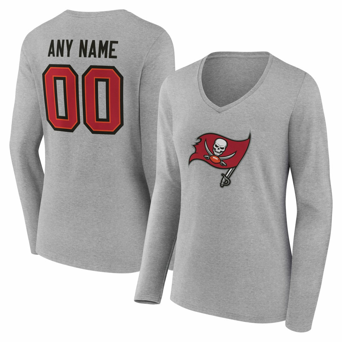 Tampa Bay Buccaneers Women's Team Authentic Personalized Name & Number Long Sleeve V-Neck T-Shirt - Gray - NFL