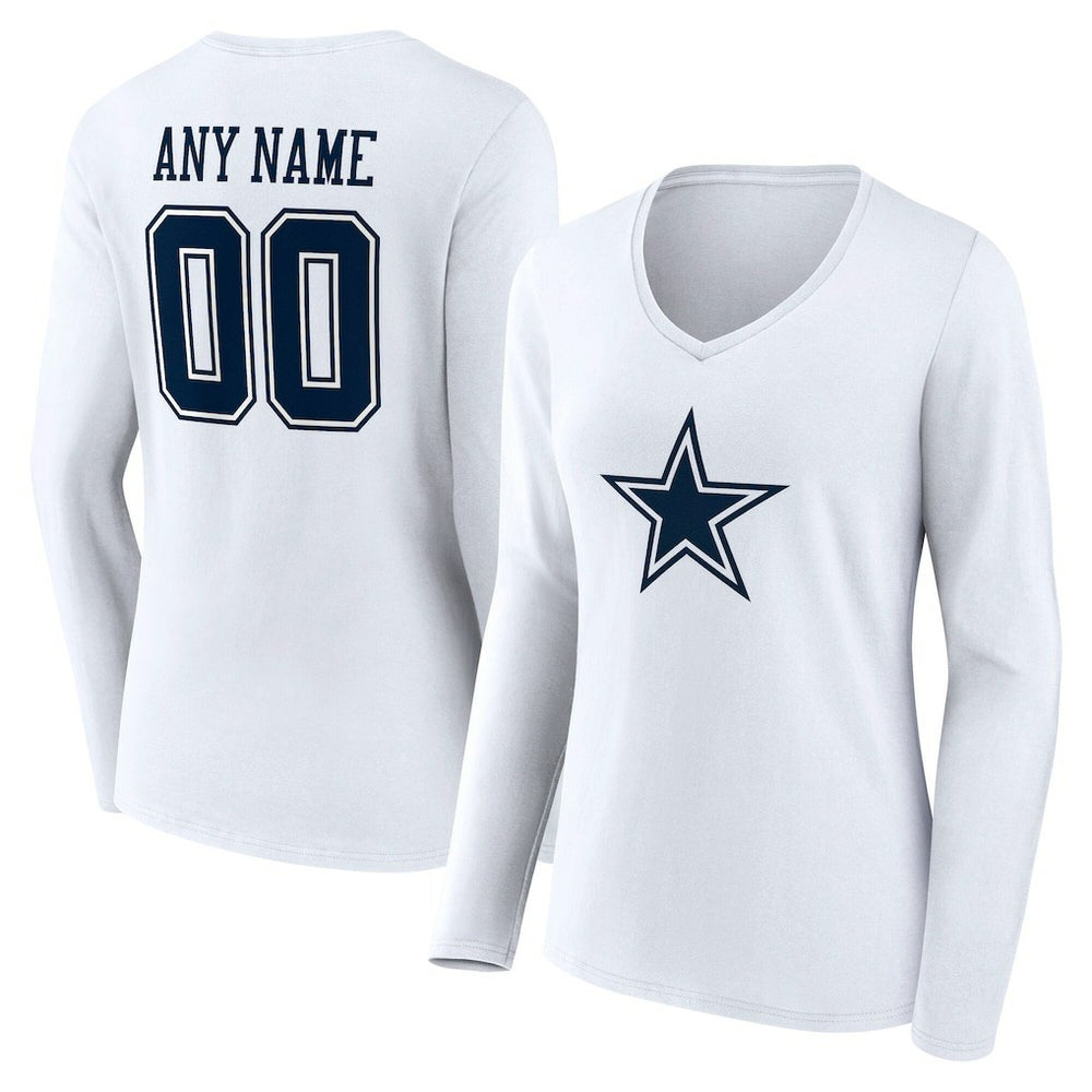 Dallas Cowboys Women's Team Authentic Personalized Name & Number Long Sleeve V-Neck T-Shirt - White - NFL