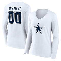 Dallas Cowboys Women's Team Authentic Personalized Name & Number Long Sleeve V-Neck T-Shirt - White - NFL