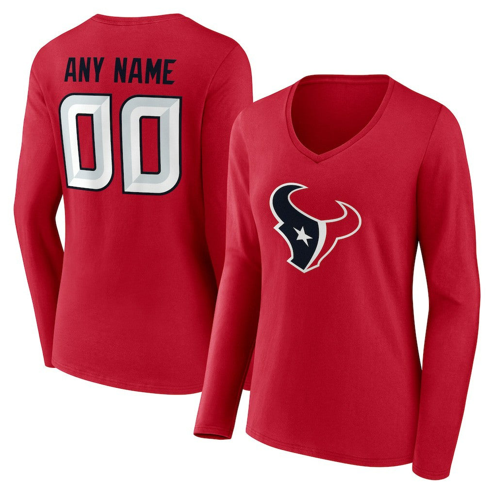 Houston Texans Women's Team Authentic Personalized Name & Number Long Sleeve V-Neck T-Shirt - Red - NFL