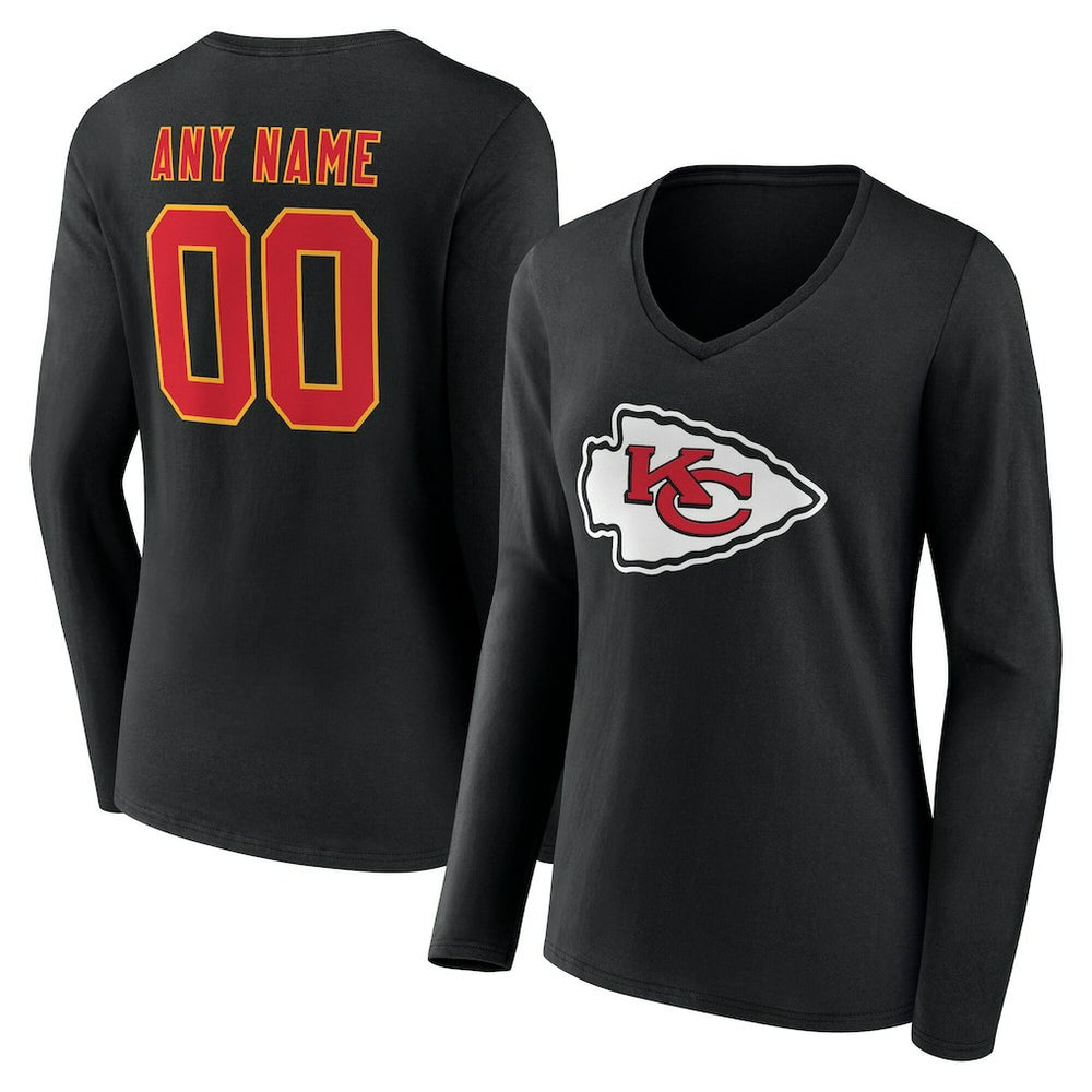 Kansas City Chiefs Women's Team Authentic Personalized Name & Number Long Sleeve V-Neck T-Shirt - Black - NFL