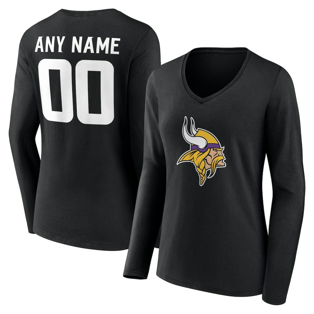 Minnesota Vikings Women's Team Authentic Personalized Name & Number Long Sleeve V-Neck T-Shirt - Black - NFL