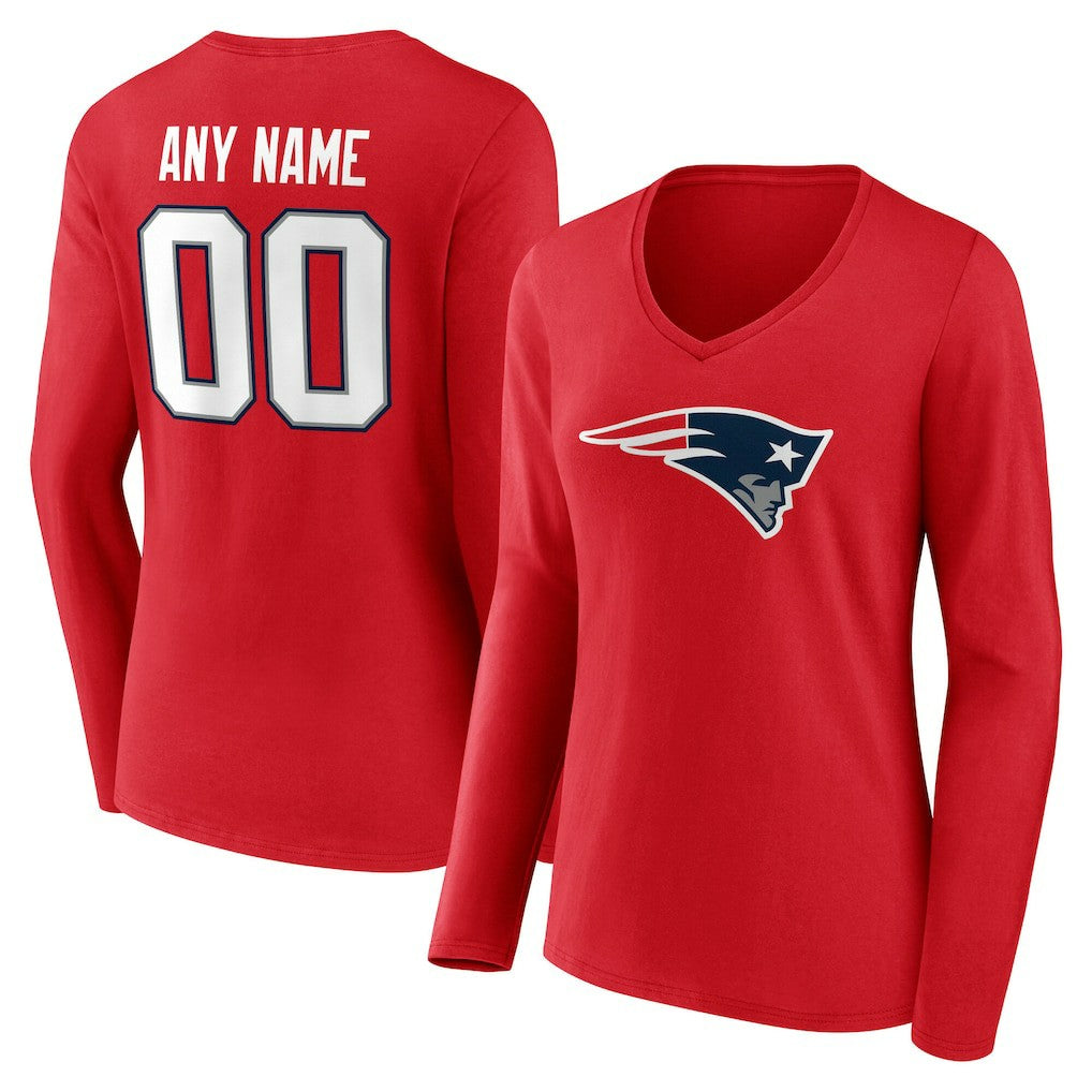 New England Patriots Women's Team Authentic Personalized Name & Number Long Sleeve V-Neck T-Shirt - Red - NFL