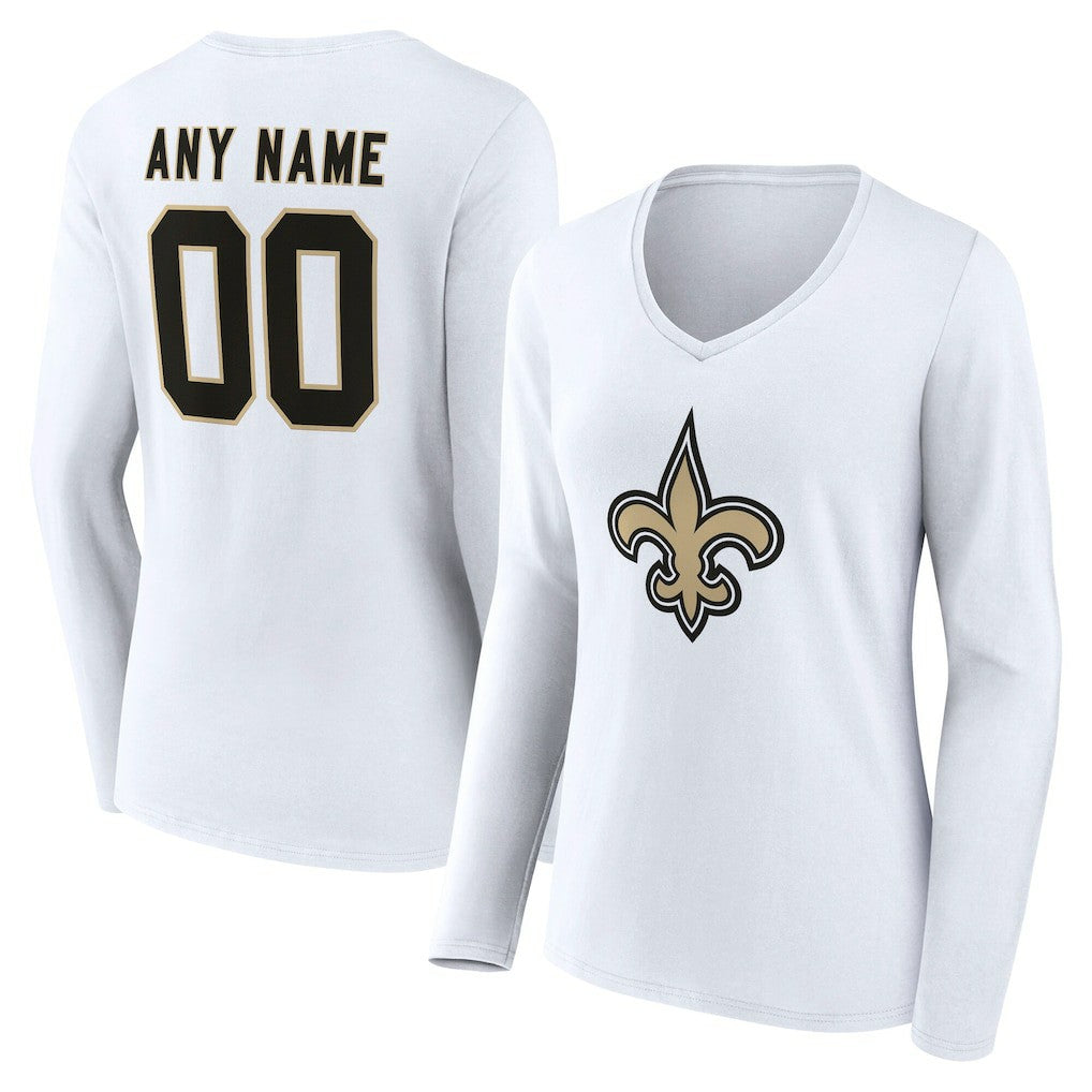 New Orleans Saints Women's Team Authentic Personalized Name & Number Long Sleeve V-Neck T-Shirt - White - NFL