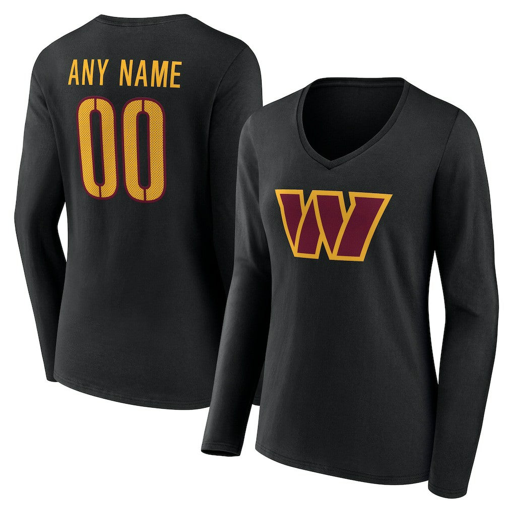 Washington Commanders Women's Team Authentic Personalized Name & Number Long Sleeve V-Neck T-Shirt - Black - NFL