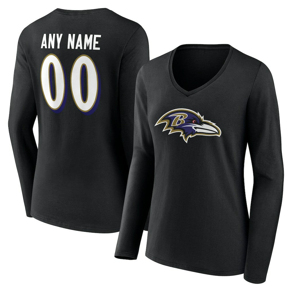 Baltimore Ravens Women's Team Authentic Personalized Name & Number Long Sleeve V-Neck T-Shirt - Black - NFL