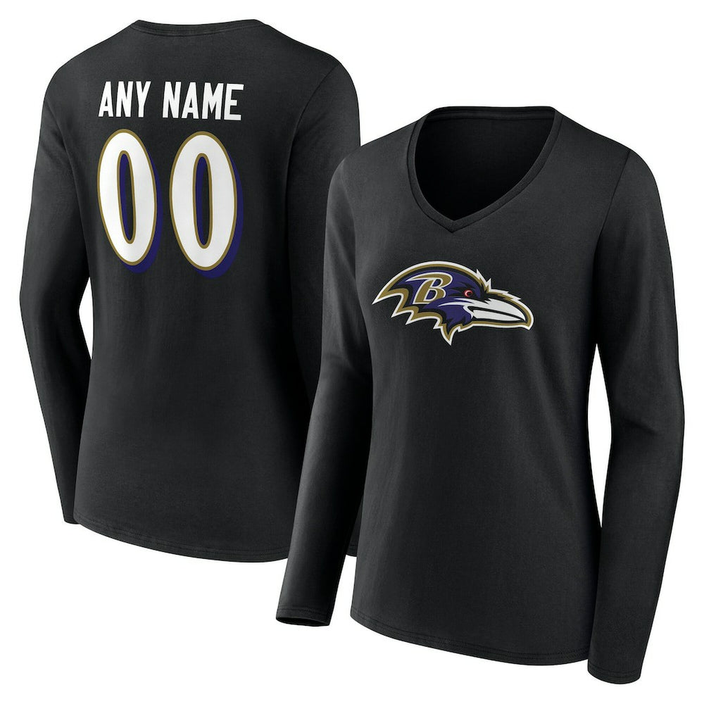 Baltimore Ravens Women's Team Authentic Personalized Name & Number Long Sleeve V-Neck T-Shirt - Black - NFL