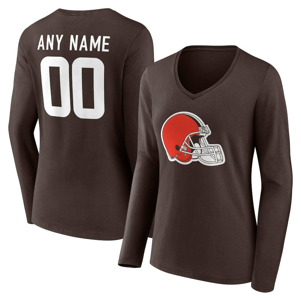 Cleveland Browns Women's Team Authentic Personalized Name & Number Long Sleeve V-Neck T-Shirt - Brown - NFL