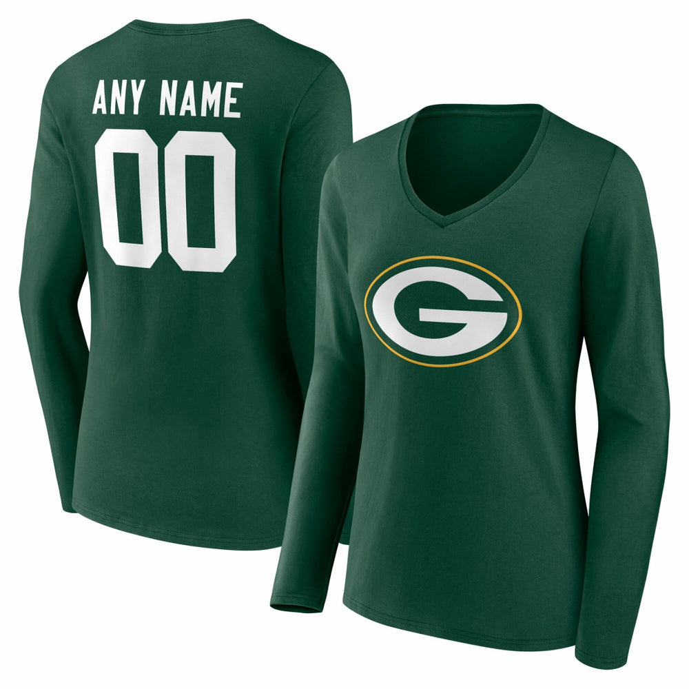 Green Bay Packers Women's Team Authentic Personalized Name & Number Long Sleeve V-Neck T-Shirt - Green - NFL