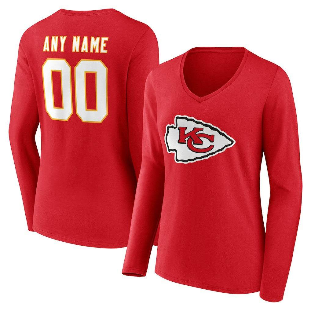 Kansas City Chiefs Women's Team Authentic Personalized Name & Number Long Sleeve V-Neck T-Shirt - Red - NFL