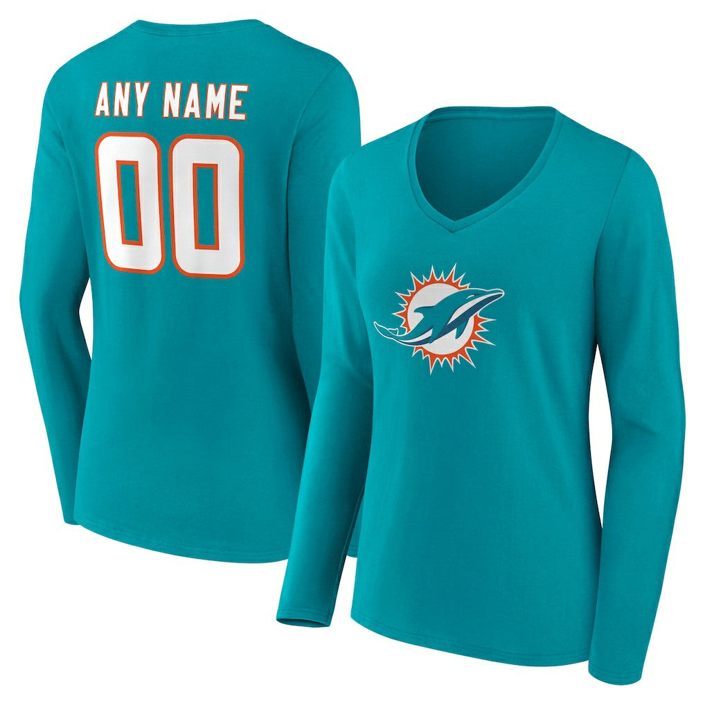 Miami Dolphins Women's Team Authentic Personalized Name & Number Long Sleeve V-Neck T-Shirt - Aqua - NFL