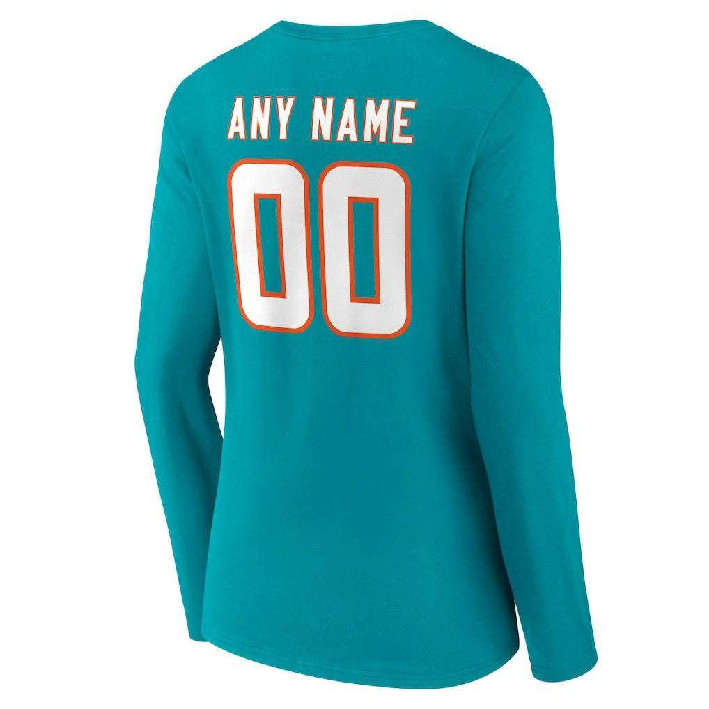 Miami Dolphins Women's Team Authentic Personalized Name & Number Long Sleeve V-Neck T-Shirt - Aqua - NFL