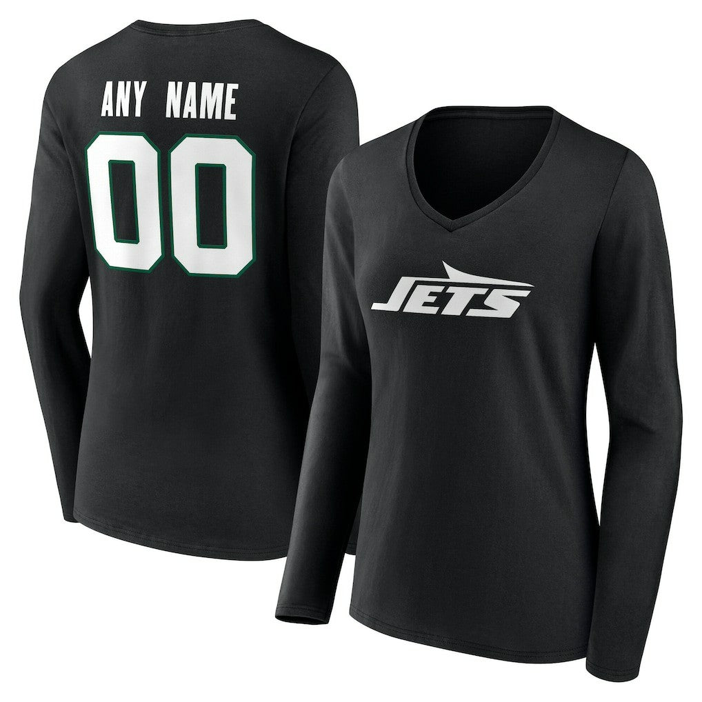 New York Jets Women's Team Authentic Personalized Name & Number Long Sleeve V-Neck T-Shirt - Black - NFL