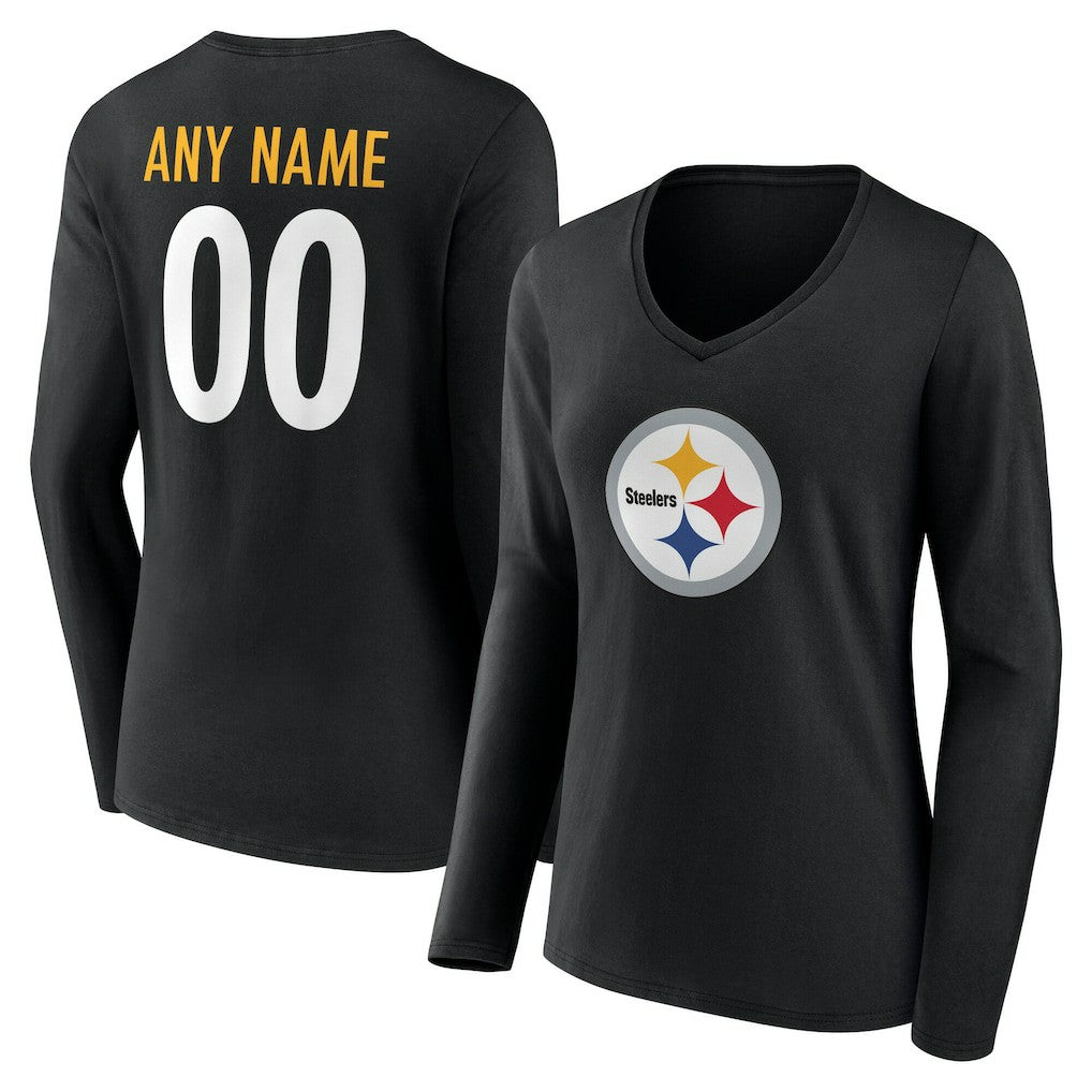 Pittsburgh Steelers Women's Team Authentic Personalized Name & Number Long Sleeve V-Neck T-Shirt - Black - NFL
