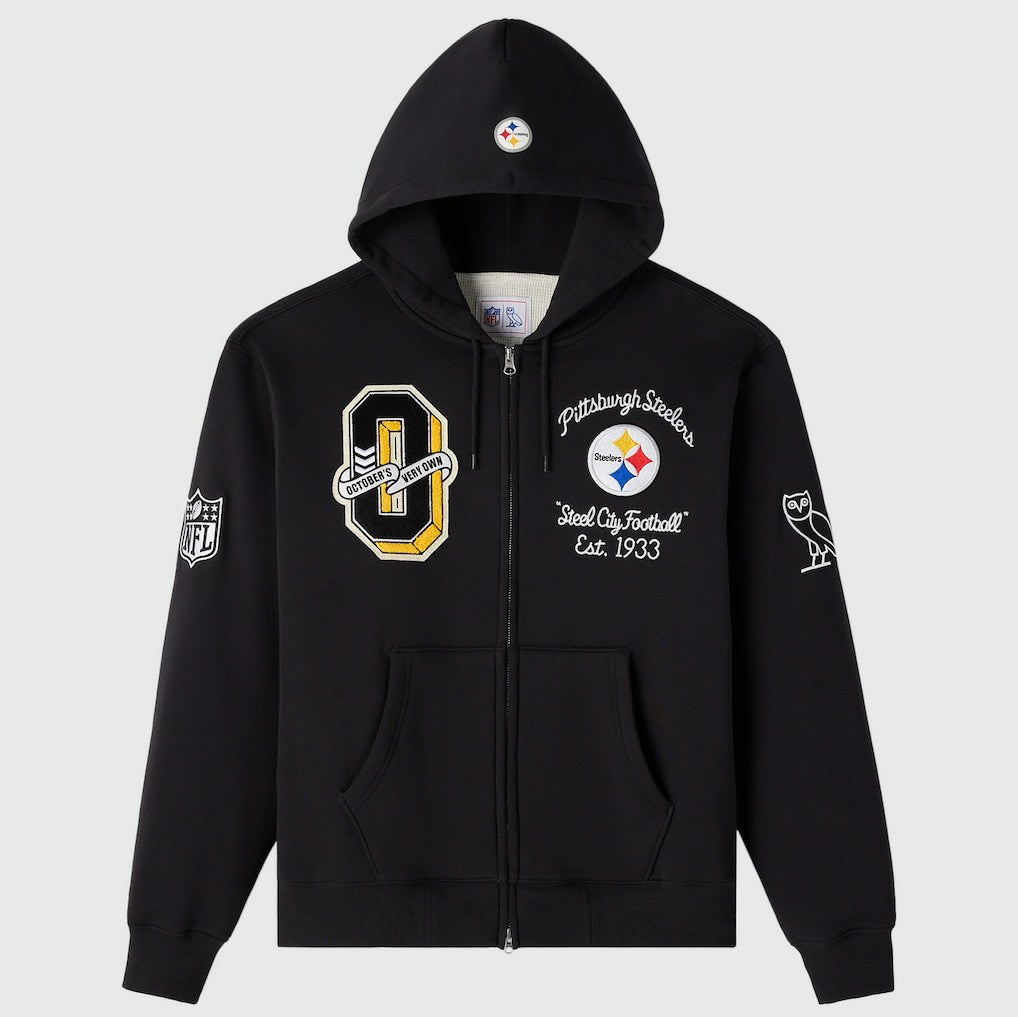 Pittsburgh Steelers OVO x NFL Unisex Full-Zip Waffle-Lined Hoodie - Black - NFL