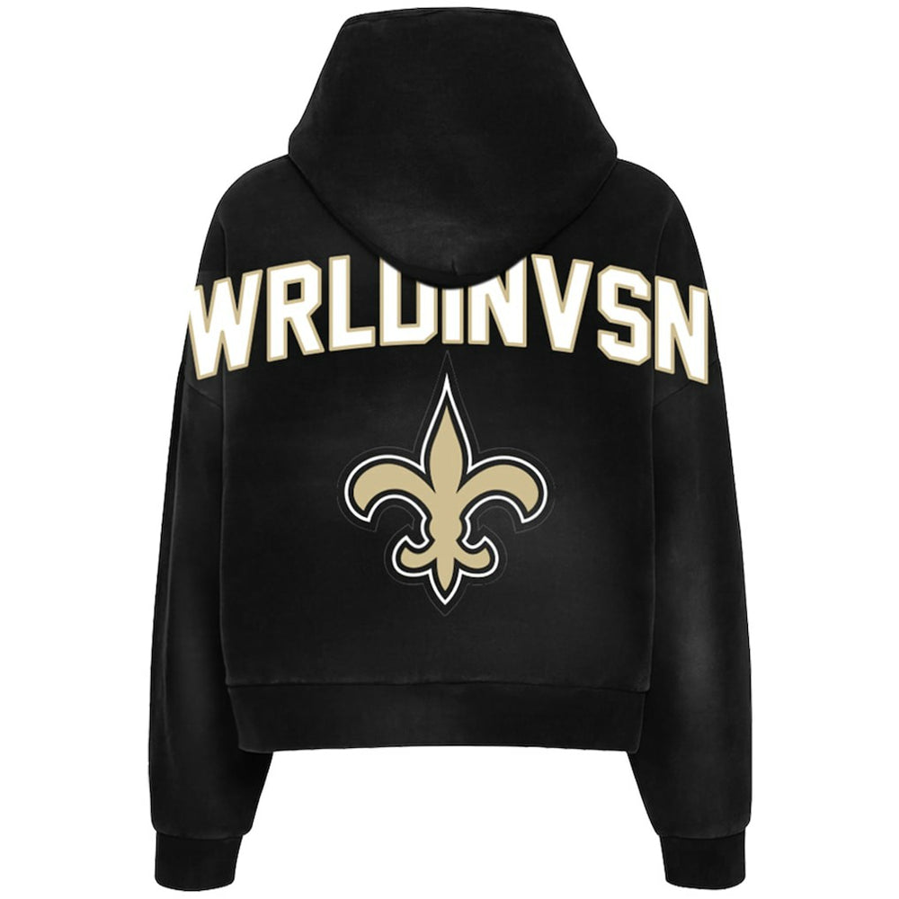 WRLDINVSN x New Orleans Saints Unisex Cozy Cropped Hoodie - Black - NFL