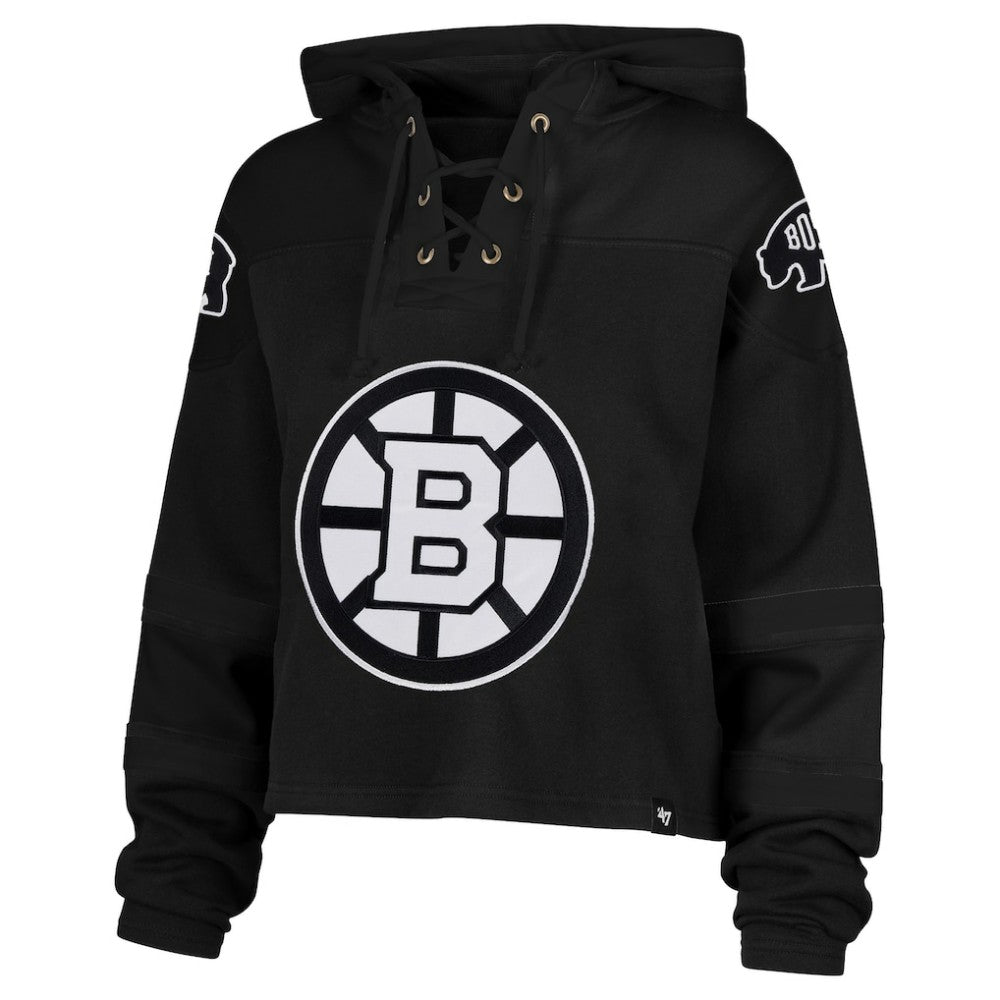 Boston Bruins '47 Women's Cropped Lacer Hoodie - Black | 47 brand Lifestyle