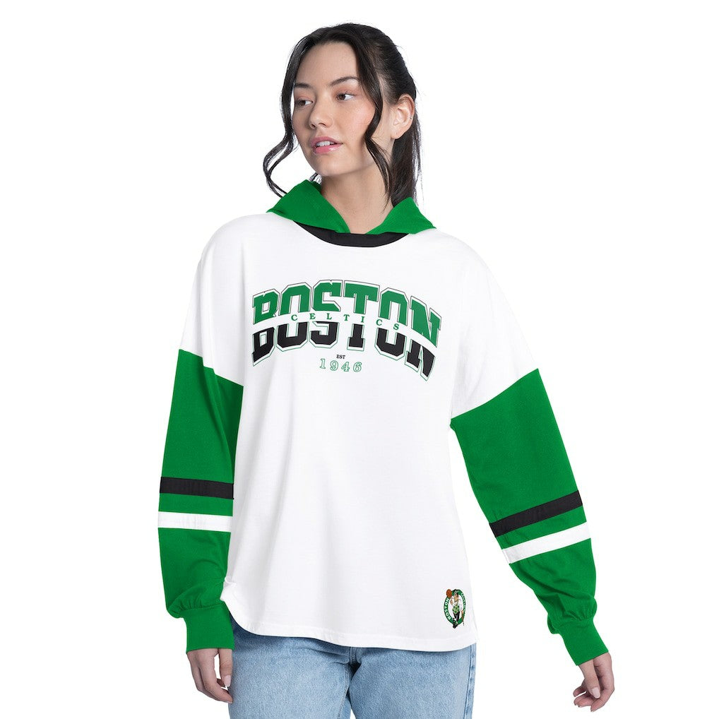 Boston Celtics G-III 4Her by Carl Banks Women's Key Player Oversized Hooded Long Sleeve T-Shirt White/Green