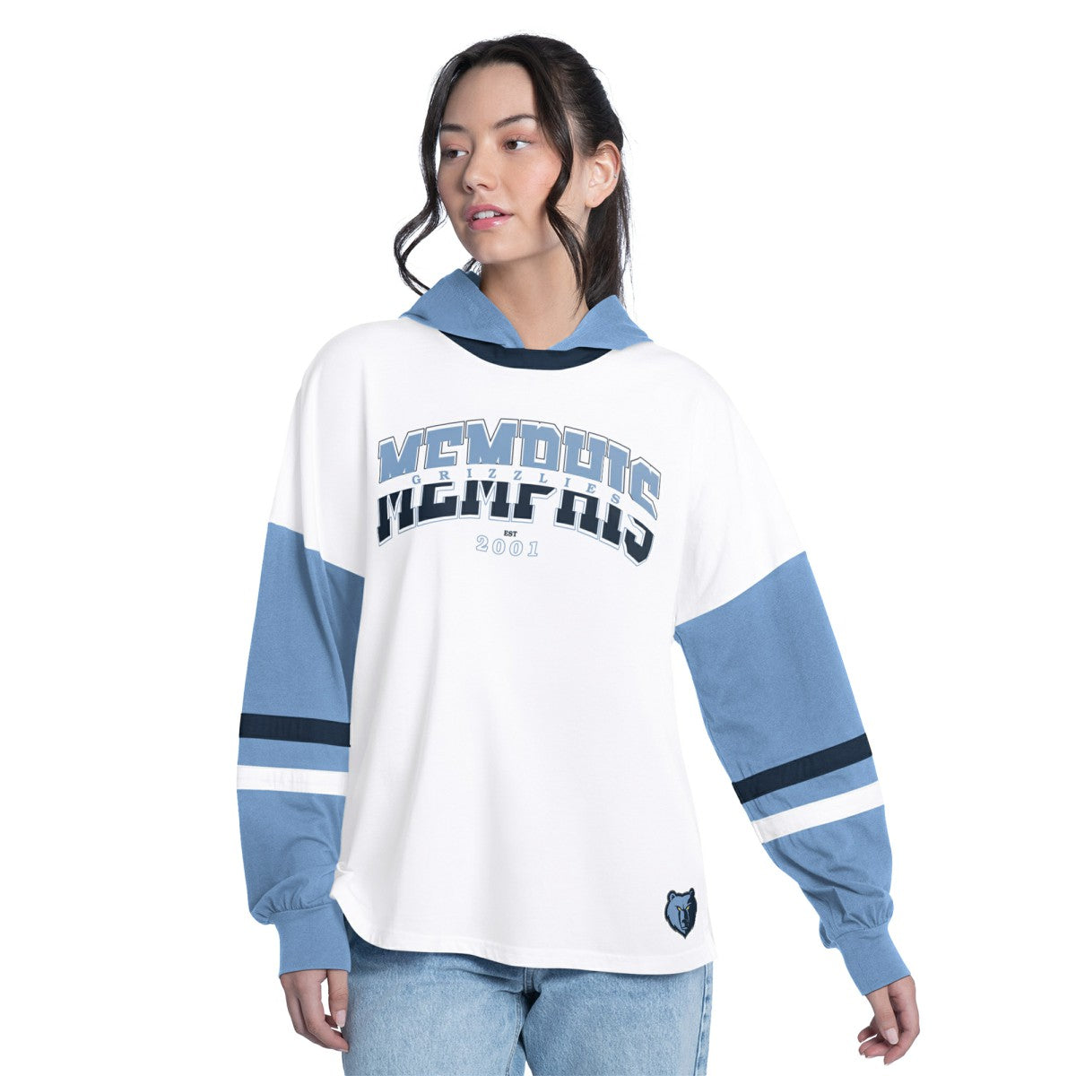 Memphis Grizzlies G-III 4Her by Carl Banks Women's Key Player Oversized Hooded Long Sleeve T-Shirt White/Blue