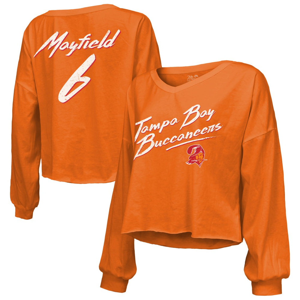 Baker Mayfield Tampa Bay Buccaneers Majestic Threads Women's Off-Shoulder Script Name & Number V-Neck T-Shirt - Orange - NFL