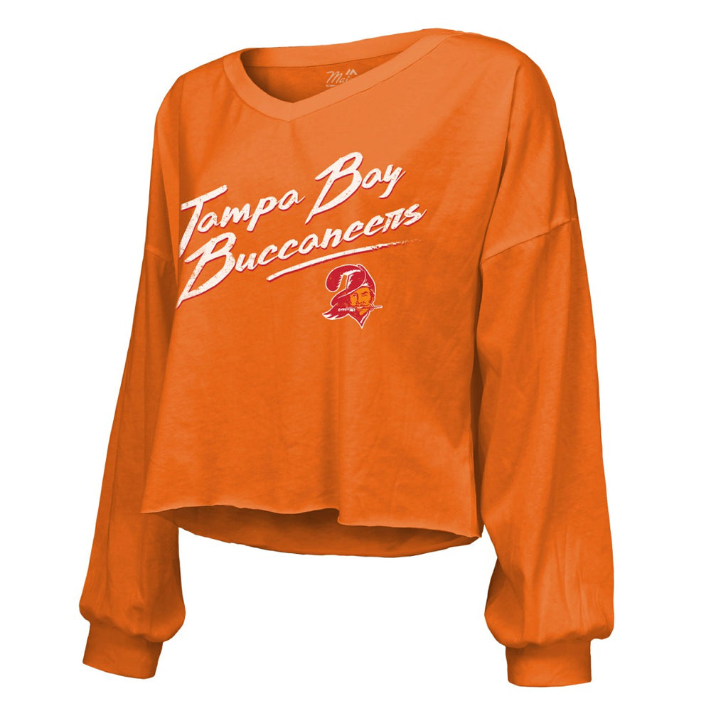 Baker Mayfield Tampa Bay Buccaneers Majestic Threads Women's Off-Shoulder Script Name & Number V-Neck T-Shirt - Orange - NFL