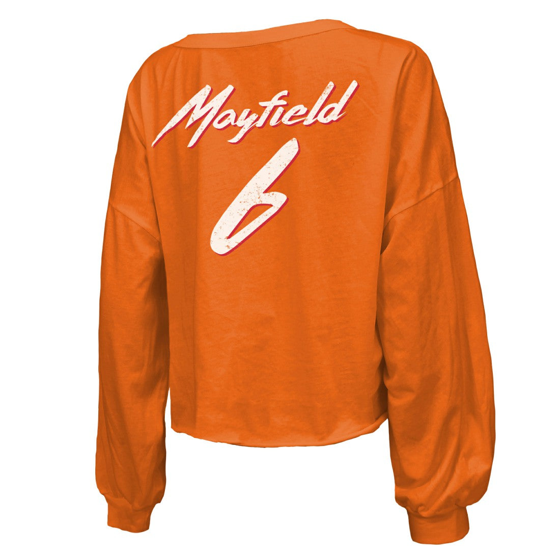 Baker Mayfield Tampa Bay Buccaneers Majestic Threads Women's Off-Shoulder Script Name & Number V-Neck T-Shirt - Orange - NFL