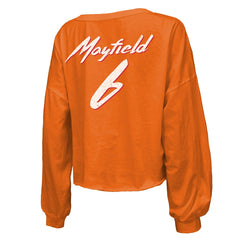 Baker Mayfield Tampa Bay Buccaneers Majestic Threads Women's Off-Shoulder Script Name & Number V-Neck T-Shirt - Orange - NFL