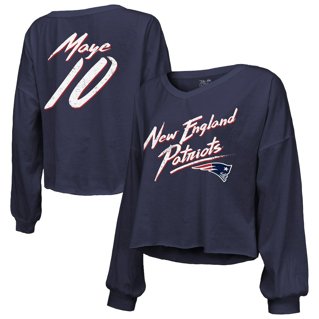Drake Maye New England Patriots Majestic Threads Women's Off-Shoulder Script Name & Number V-Neck T-Shirt - Navy - NFL