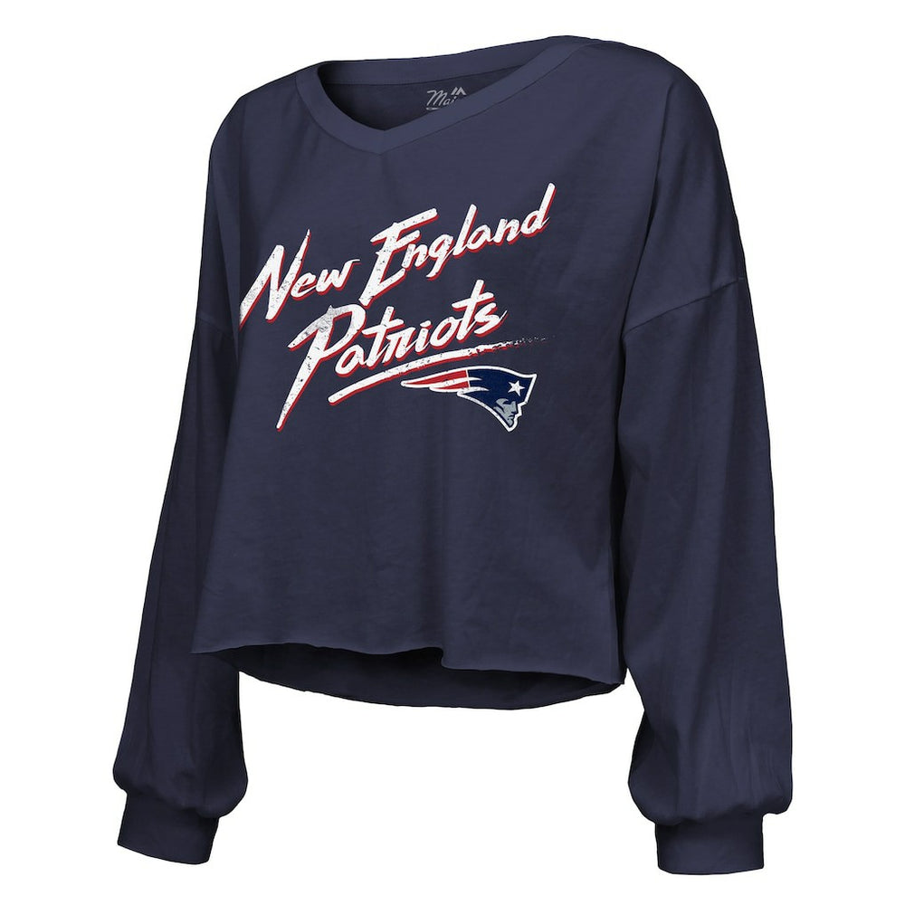 Drake Maye New England Patriots Majestic Threads Women's Off-Shoulder Script Name & Number V-Neck T-Shirt - Navy - NFL