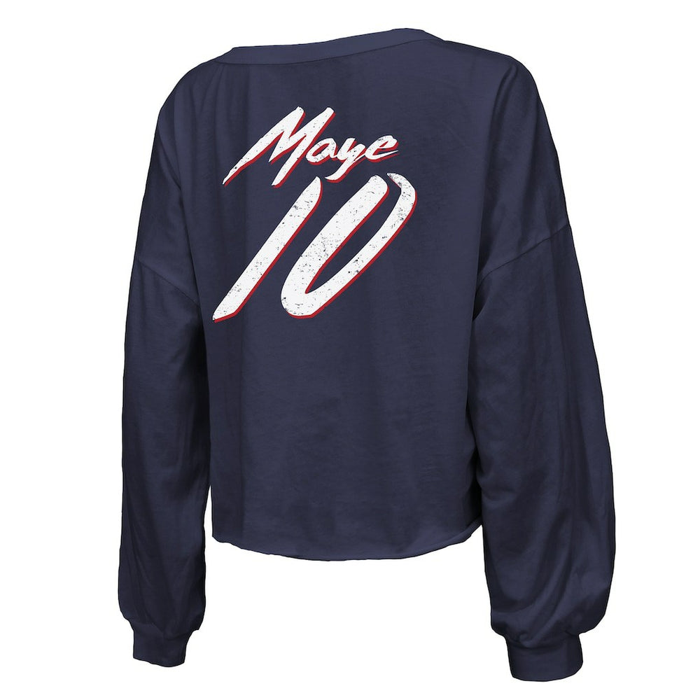 Drake Maye New England Patriots Majestic Threads Women's Off-Shoulder Script Name & Number V-Neck T-Shirt - Navy - NFL