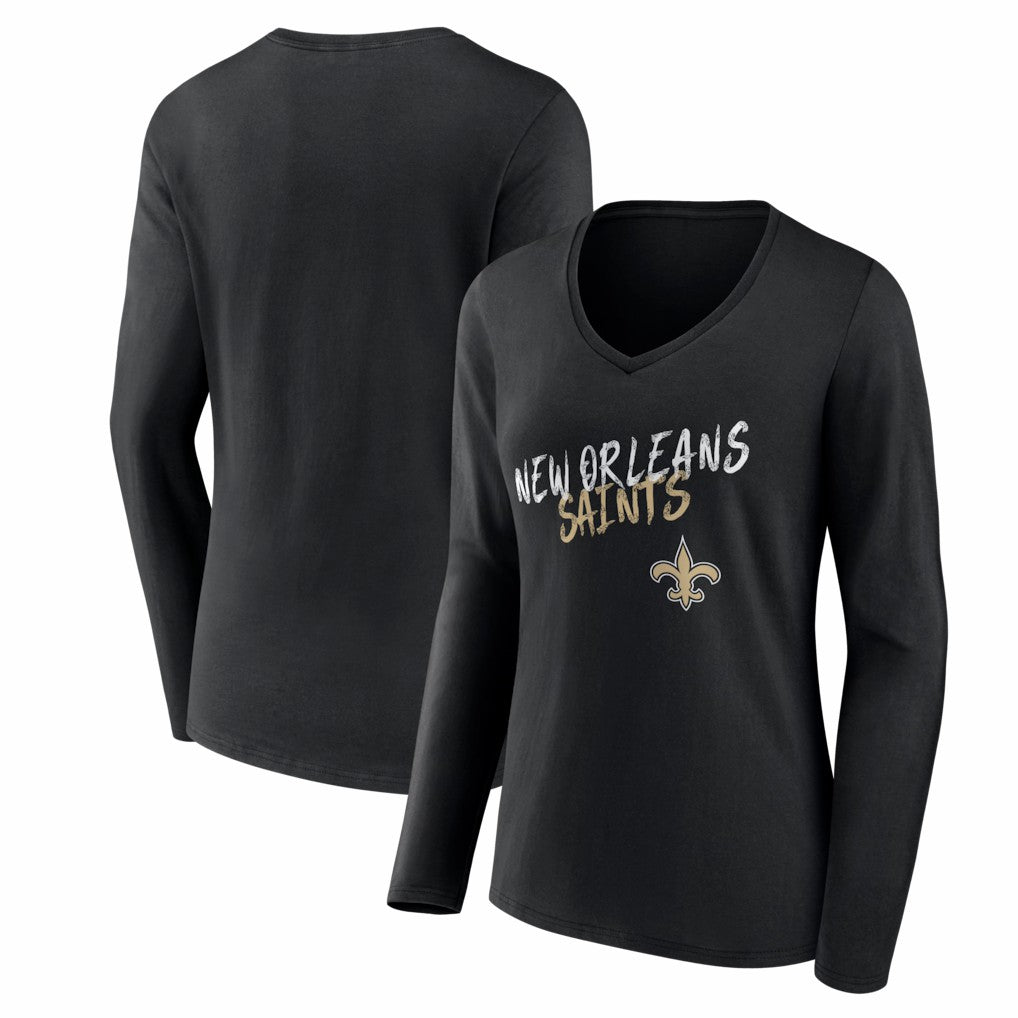 New Orleans Saints Women's Hustle Long Sleeve V-Neck T-Shirt - Black - NFL